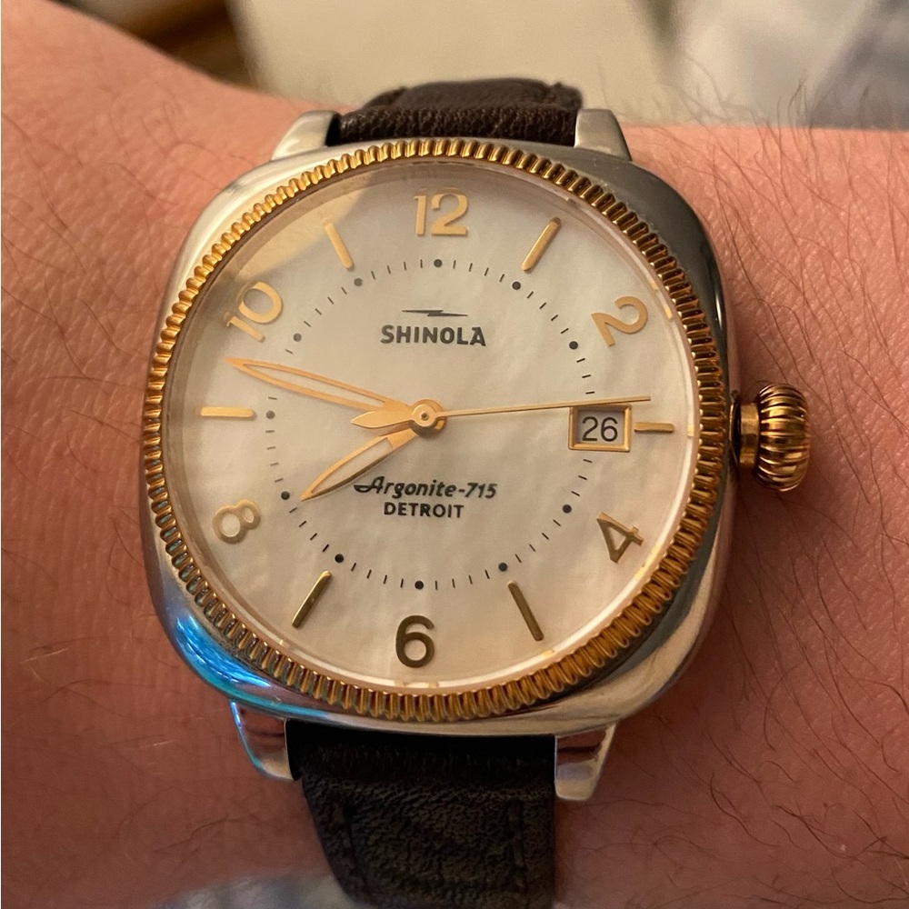 Shinola Cushion Case Mother of Pearl Dial Watch with Fluco Brown Leather Strap